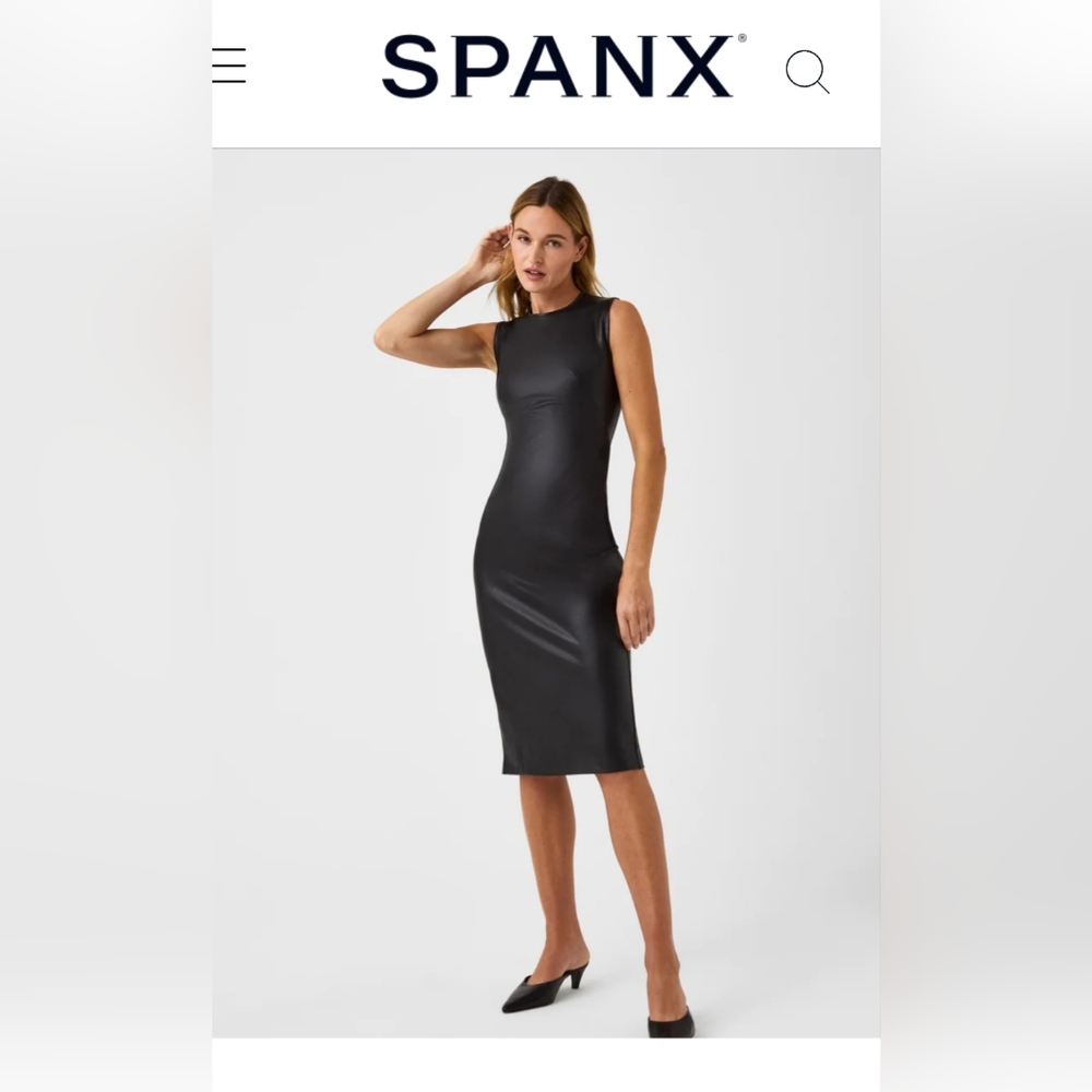 Spanx leather like Skeeveless Sheath dress. Small. Color black